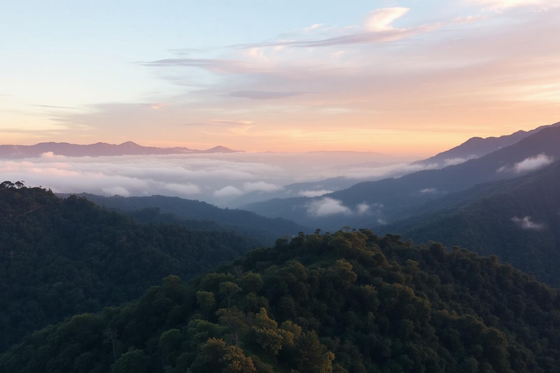 Serra Gaúcha ao amanhecer com névoa entre as montanhas